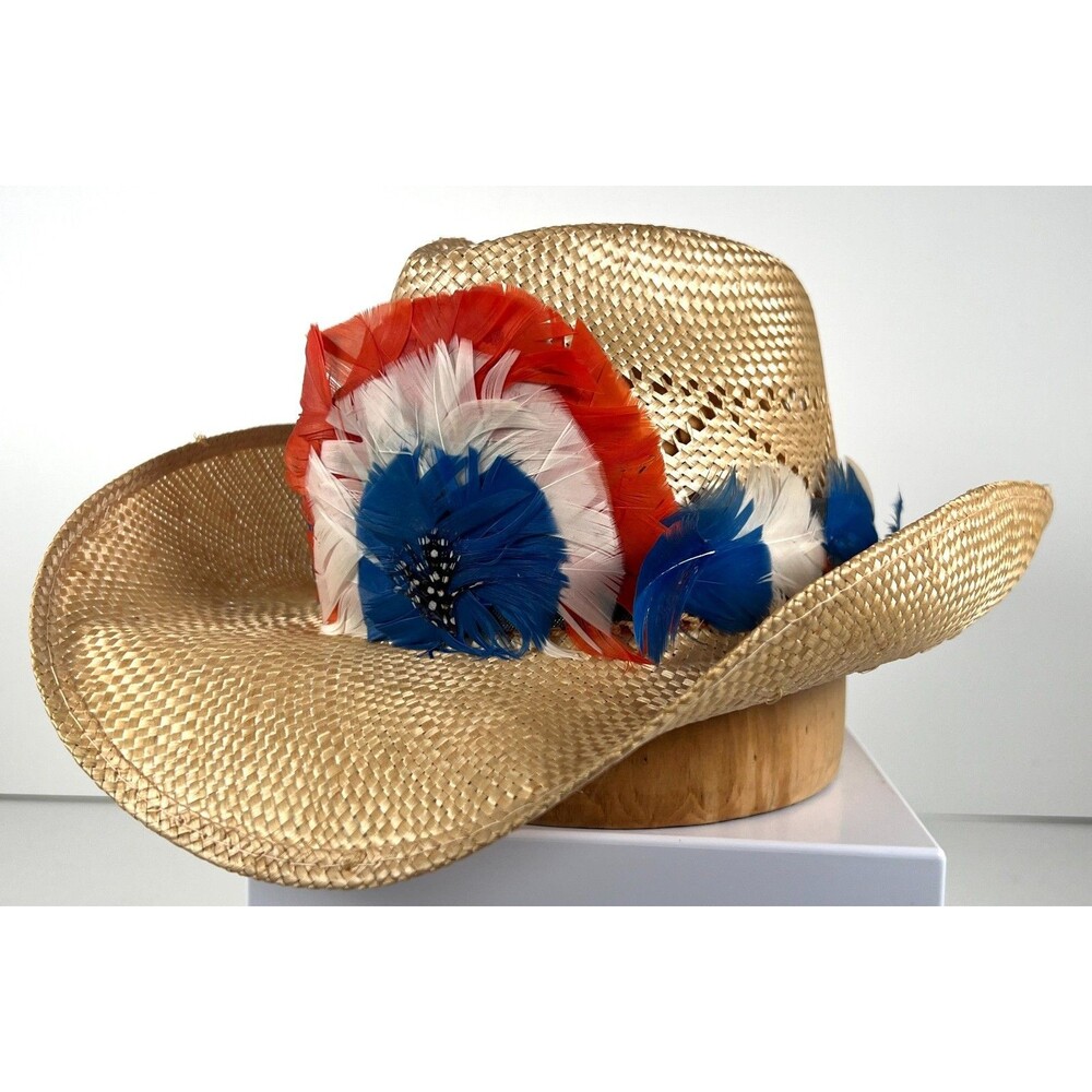 Vtg Levis Cowboy Hat Fitted Mens Medium Beige Straw Rodeo Western Patriotic